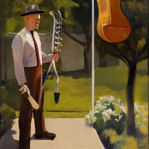 Image similar to a portrait of agent 4 7 from hitman dressed as a gardener playing a guitar in a monestary next to an elderly priest, by gregory manchess, james gurney, james jean