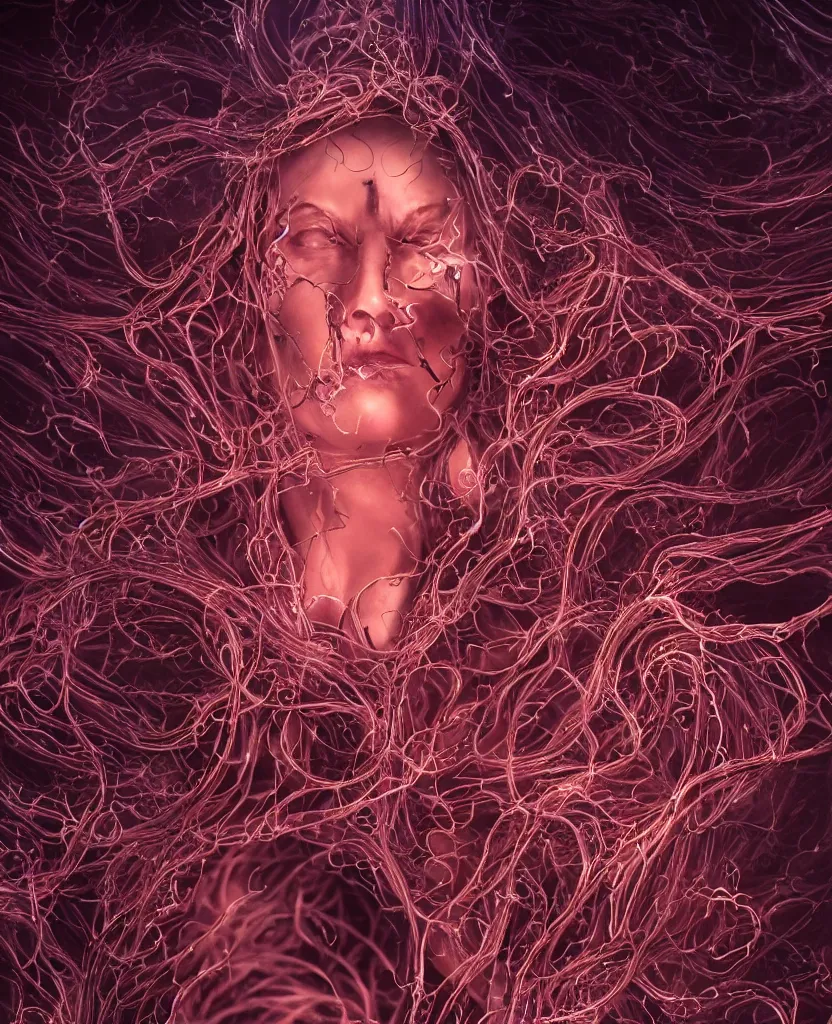 Prompt: beautiful portrait of the priestess of pain and sorrow, intricate tendrils forming a string structure, chaotic swirling ferrofluids, occult, octane render, glow, surreal dramatic lighting, intricate fine ornaments, translucent, lighting 8k, cinematic, blur, shallow depth of field, neuro web, plasma, neon, glimpse of red