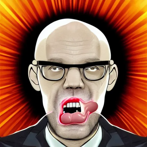 Prompt: completely solid white bald man with stubble and glasses and his mouth wide open with excitement being sucked into a black hole in space, digital artwork