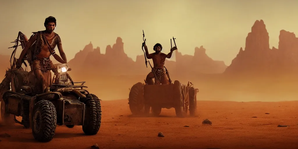 Prompt: solo ancient indian tribesman hunting on atv, chase ,attacking, action scene, an epic fantasy, dramatic lighting, cinematic, establishing shot, extremely high detail, photorealistic, cinematic lighting, artstation, octane render, by simon stalenhag, horizon forbidden west,old photo, high speed photography, vintage, mad max