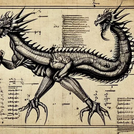 Prompt: anatomical drawing of dragon, davinci style, medical drawing, blueprint, schematic, old