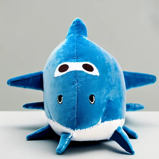 Image similar to beautiful photograph of a cute minimal bright - blue shark plush, advert, magazine, studio