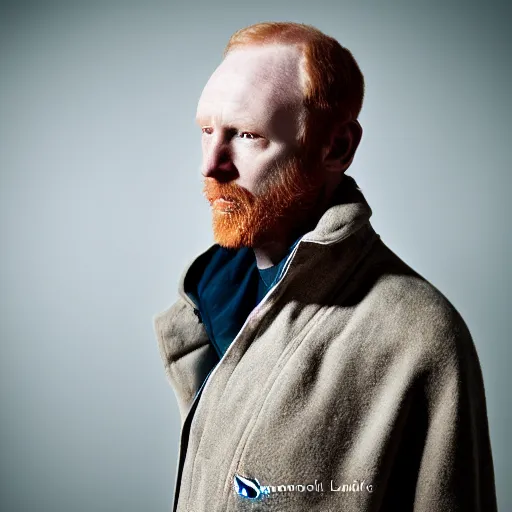 Image similar to color portrait of a middle aged balding blue eyed ginger white male model By Emmanuel Lubezki
