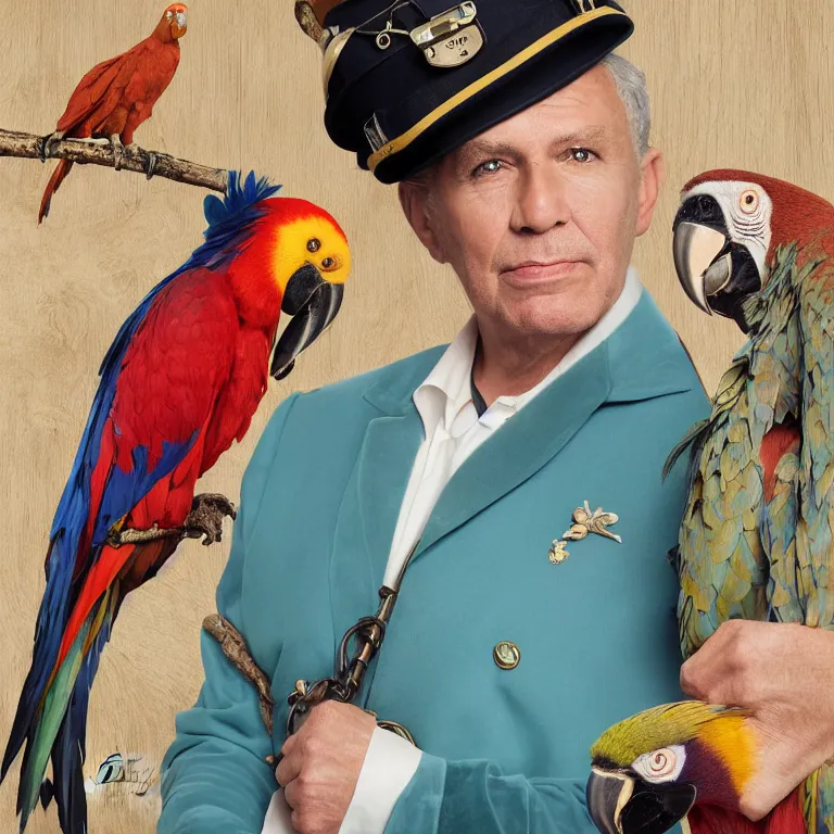 Image similar to high fashion photoshoot octane render portrait by wayne barlow and carlo crivelli and glenn fabry, a distinguished sea captain wearing a colorful eccentric velvet pastel vintage uniform and holding a macaw while standing on a beautiful high - end white and wood yacht, very short depth of field, bokeh