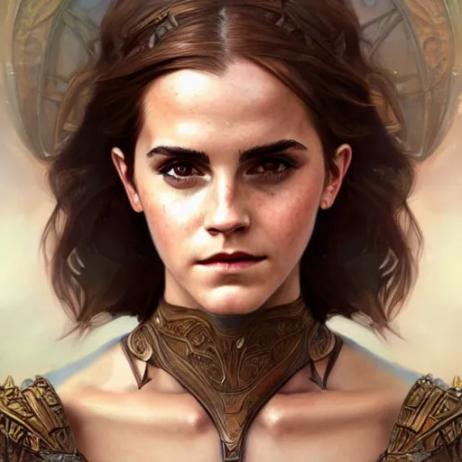 Prompt: portrait of emma watson, muscular, upper body,big chest, amazon warrior, fantasy, intricate, elegant, highly detailed, digital painting, artstation, concept art, matte, sharp focus, illustration, art by Artgerm and Greg Rutkowski and Alphonse Mucha