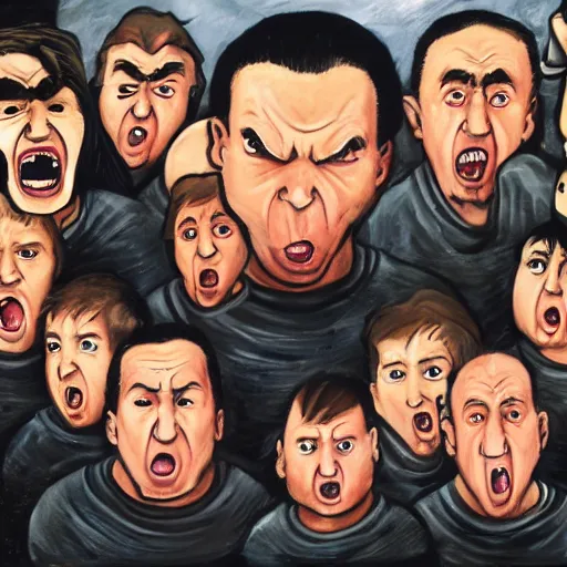 Prompt: a dozen furious faces hovering over a cowering child