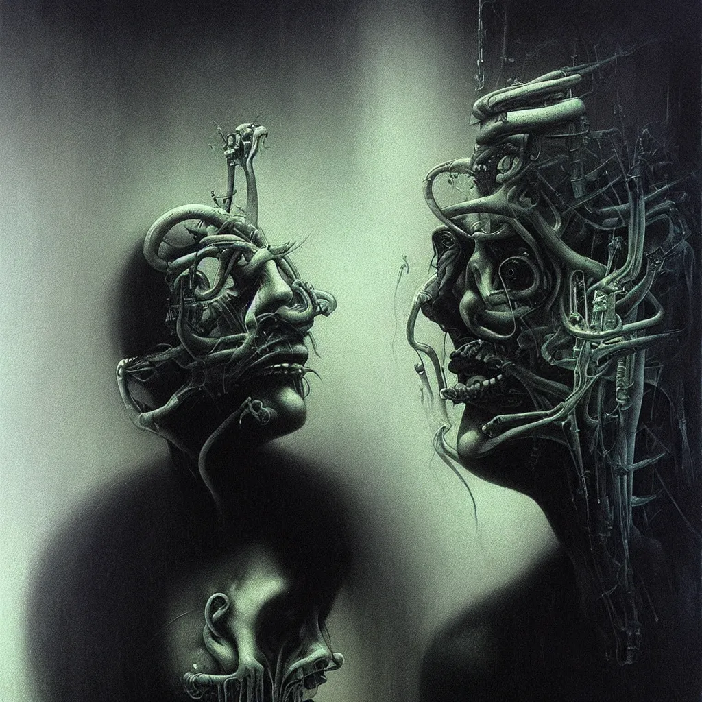 Image similar to futuristic portrait of bill hicks smoking in the style of hans giger, dark atmosphere, lovecraftian background, lynchian atmosphere, film noir, concept art, art by kuvshinov ilya and zdislav beksinski and wayne barlowe and hans giger