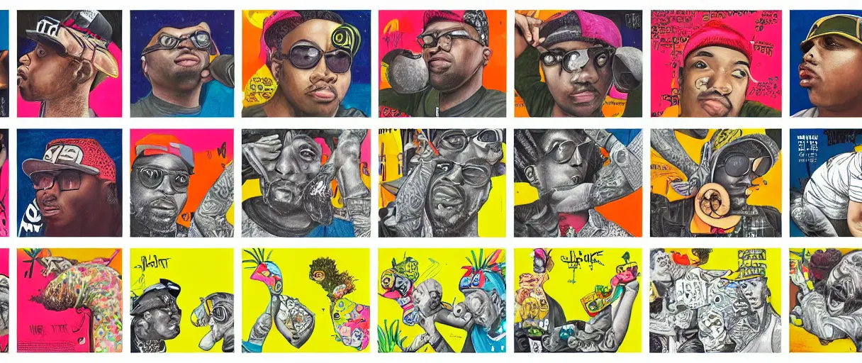 Image similar to evolution timeline from hip hop pants - aesthetic, smooth painting, each individual seeds have ultra high detailed, 4 k, illustration, comical, acrylic paint style, pencil style, torn cosmo magazine style, pop art style, ultra realistic, underrated, by mike swiderek, jorge lacera, ben lo, tyler west