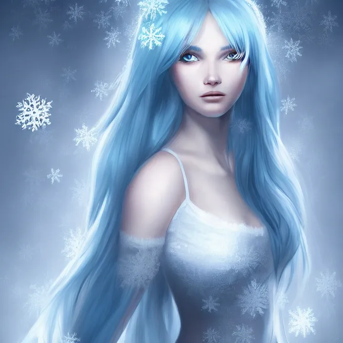 Prompt: full body portrait of a stunningly beautiful woman with pale blue hair wearing a white dress made out of snowflake in the middle of a raging snowstorm. award - winning digital art, trending on artstation