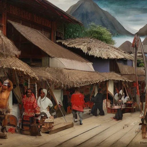 Prompt: architectural painting of Indonesian Maori Tlingit bazaar, by Bruegel and Greg Rutkowski and Nathan Jackson