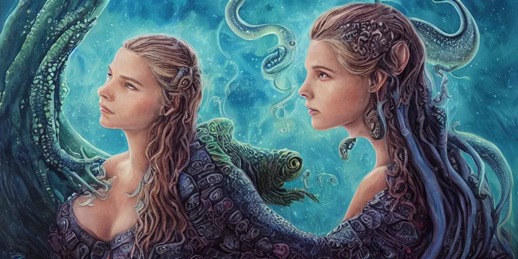 Image similar to Fantasy fairytale style portrait painting, Great Leviathan Turtle, cephalopod, Cthulhu Squid, hybrid, Mythic Island, center Universe, accompany Cory Chase, Blake Lively, Anya_Taylor-Joy, Grace Moretz, Halle Berry, Mystical Valkyrie, Anubis-Reptilian, Atlantean Warrior, hybrid, intense fantasy atmospheric lighting, hyperrealistic, William-Adolphe Bouguereau, François Boucher, Jessica Rossier, Michael Cheval, Oil Painting, Cozy, hot springs hidden Cave, candlelight, natural light, lush plants and flowers, Spectacular Mountains, bright clouds, luminous stellar sky, outer worlds, michael whelan, Solar Flare HD,