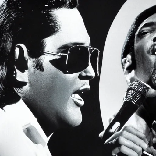 Image similar to elvis presley and snoop dog singing a duet one microphone, in las vegas, detailed, beautiful, dolby digital color, f 1. 8, promotional poster, photorealistic