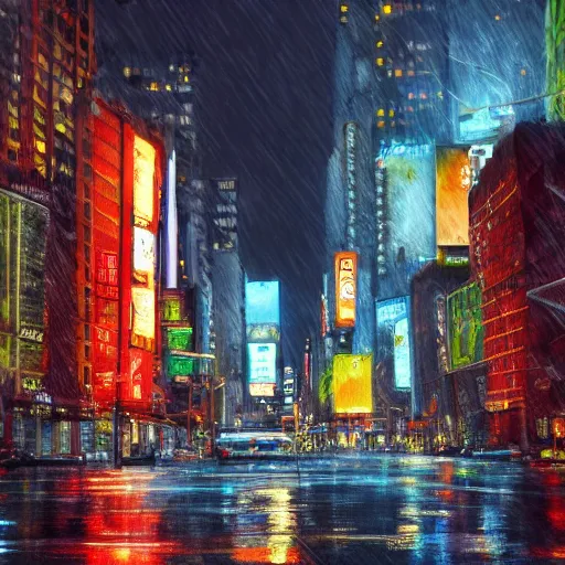 Prompt: beautiful landscape of new york city on rainy night, 4k, hd, upscaled, colourful, artstation, digital art