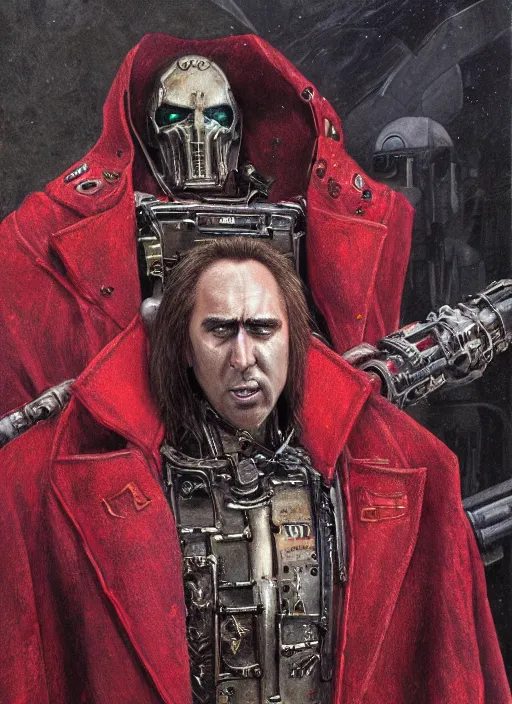 Image similar to portrait of rotten Nicolas Cage as adeptus mechanicus in red hood and robe from Warhammer 40000. Highly detailed, artstation, illustration by and John Blanche and zdislav beksinski and wayne barlowe