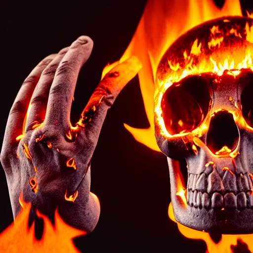 Image similar to photograph of a rotten damaged hand holding up a burning human skull with scorch marks on it, photorealistic, hyperdetailed, volumetric light, cinematic, f 8 aperture, orange rim lighting