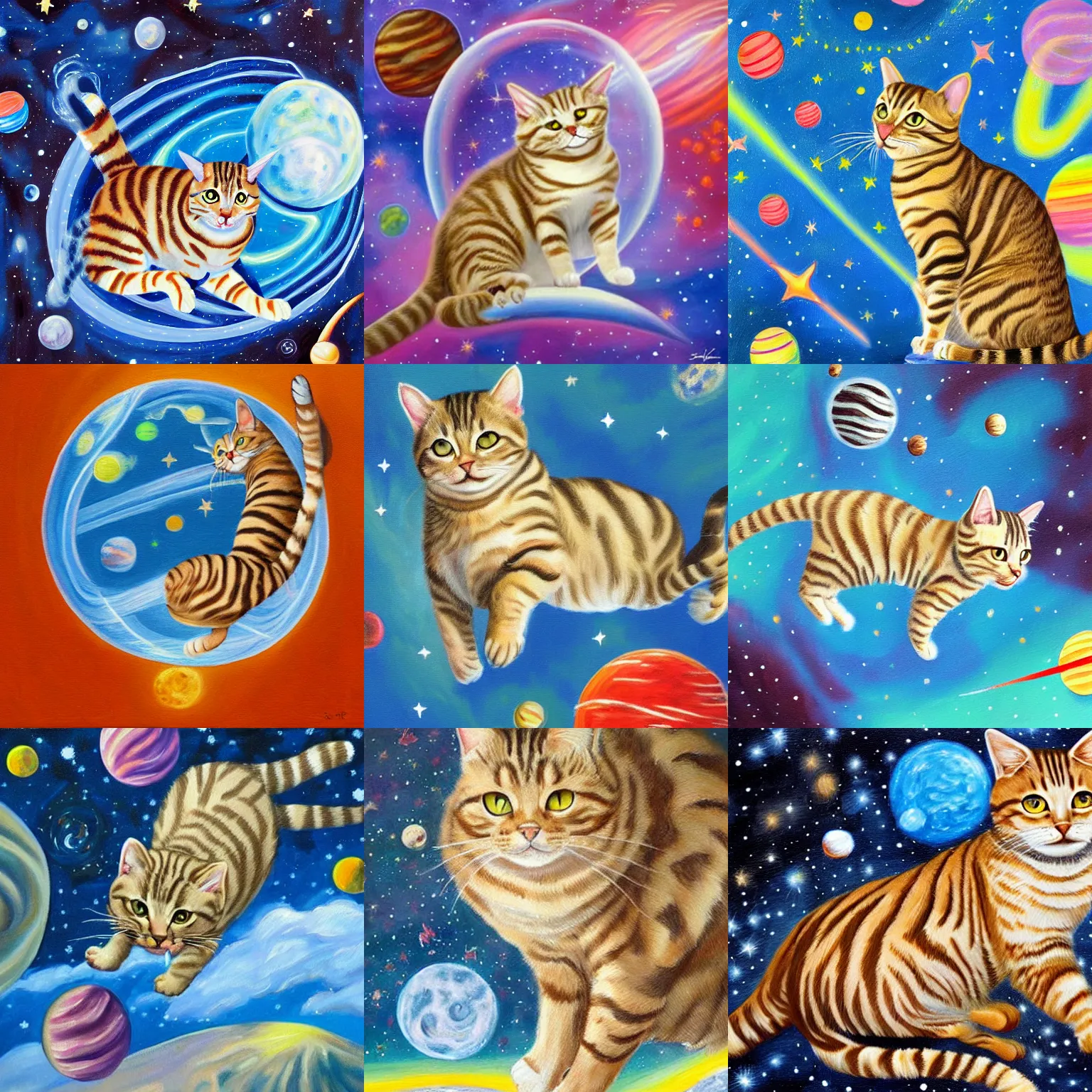 Prompt: a painting of a tabby cat floating in outer space