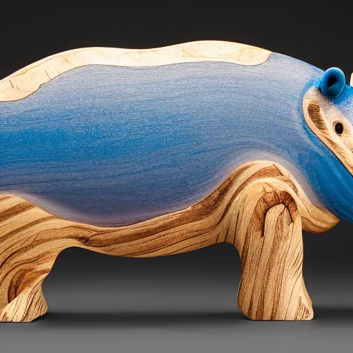 Prompt: a photo of a model hippo made of repurposed elm wood composite mixed with straight lines blue epoxy resin, wood, studio zeiss 1 5 0 mm f 2. 8 hasselblad, award - winning photo, epoxy resin, dramatic lighting, full subject shown in photo