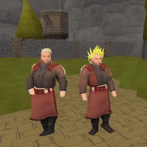 Prompt: in-game screenshot of Guy Fieri in Old School Runescape standing at the Varrock West Bank