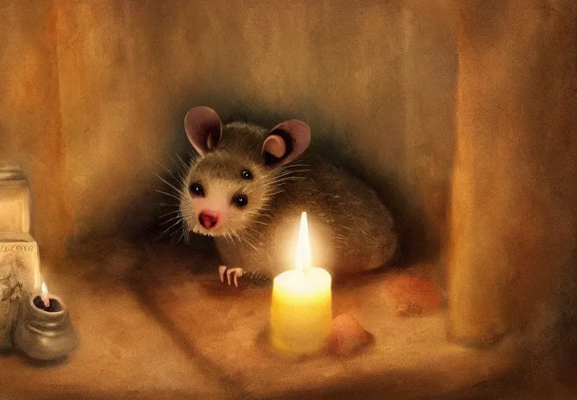 Image similar to cute possum in its pajamas sleeping in a bed in a medieval cluttered cottage at night under the dim light of a candle, dark fantasy, dreaming illusion, trending on artstation