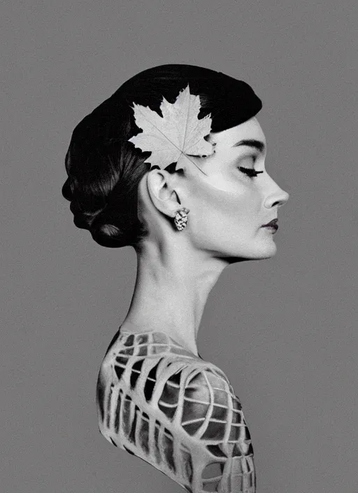 Image similar to a audrey hepburn face in profile made of leaf skeleton in the style of the dutch masters and gregory crewdson dark and moody