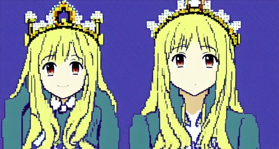 Prompt: picture of mugi from k - on, with crown!!! on top! of her head!, pixelated! garden background, pixel art