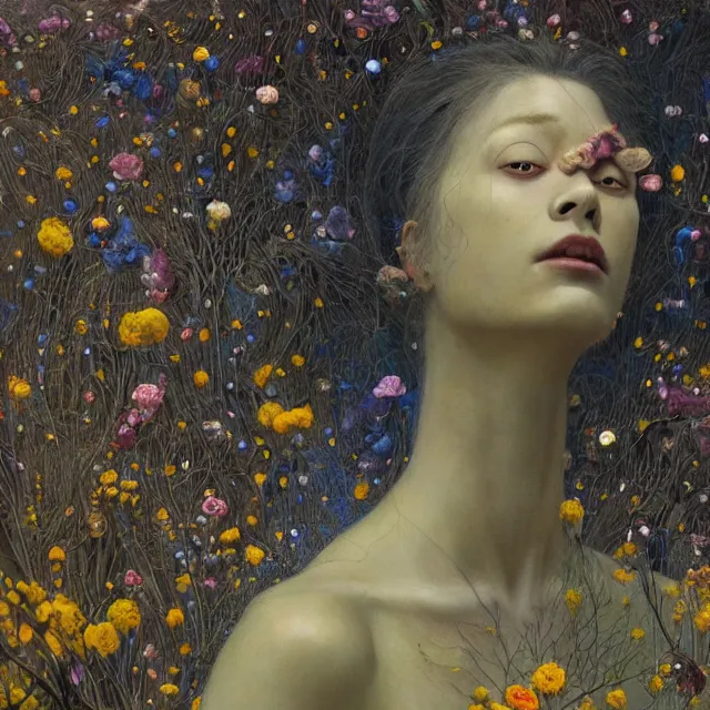 Image similar to A portrait of a woman wearing clothes made out of thunder clouds and flowers, hundreds of people floating still in air, apocalypse, yellow skin, Masterpiece, glowing, wires everywhere, by Edgar Maxence and Ross Tran, Zdzisław Beksiński, and Michael Whelan, distant, gustav dore, H.R. Giger, 8k, octane render