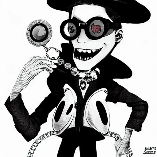 Prompt: a nerdy goth guy wearing goggles and eccentric jewelry by jamie hewlett : : full body character concept art, detailed,