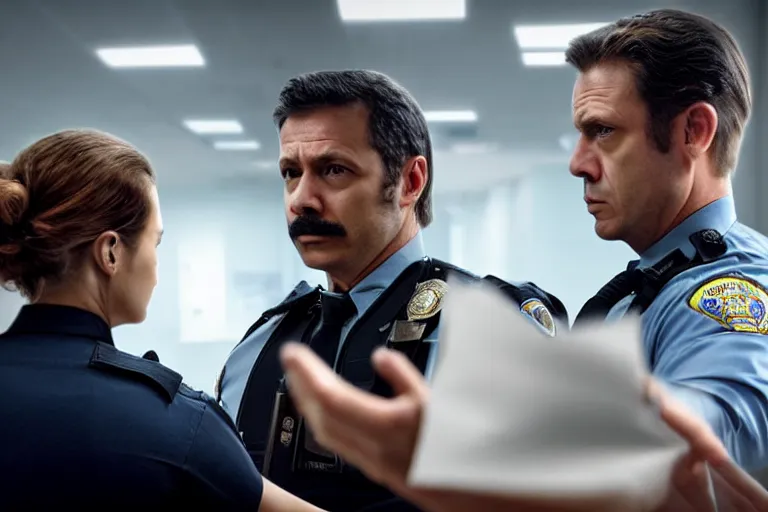 Image similar to vfx film closeup, police detective couple arguing in police precinct, over the shoulder shot, flat color profile low - key lighting award winning photography arri alexa cinematography, hyper real photorealistic cinematic beautiful natural skin, famous face, atmospheric cool colorgrade