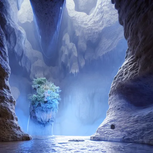 Prompt: travellers,beyond time ,the cathedrals in a underground vast cave canyon grotto, of life the beginning , geological strata,ground mist, falling water,deep clear pools of water,reflection,refraction, hyper-maximalist,micro details, 3d sculpture,,digital rendering,octane render , 4k, artstation, concept art ,amazing lighting, f42,deep depth of field,photographic, wide angle,cinematic lighting, by Sparth and Greg Rutkowski,