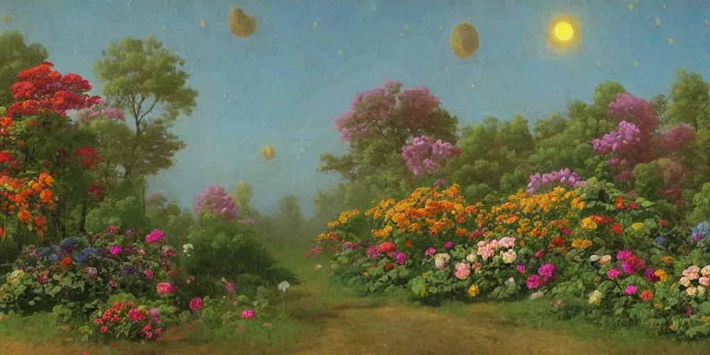 Prompt: a flowering garden on the moon, impasto paint in the style of martin johnson heade,