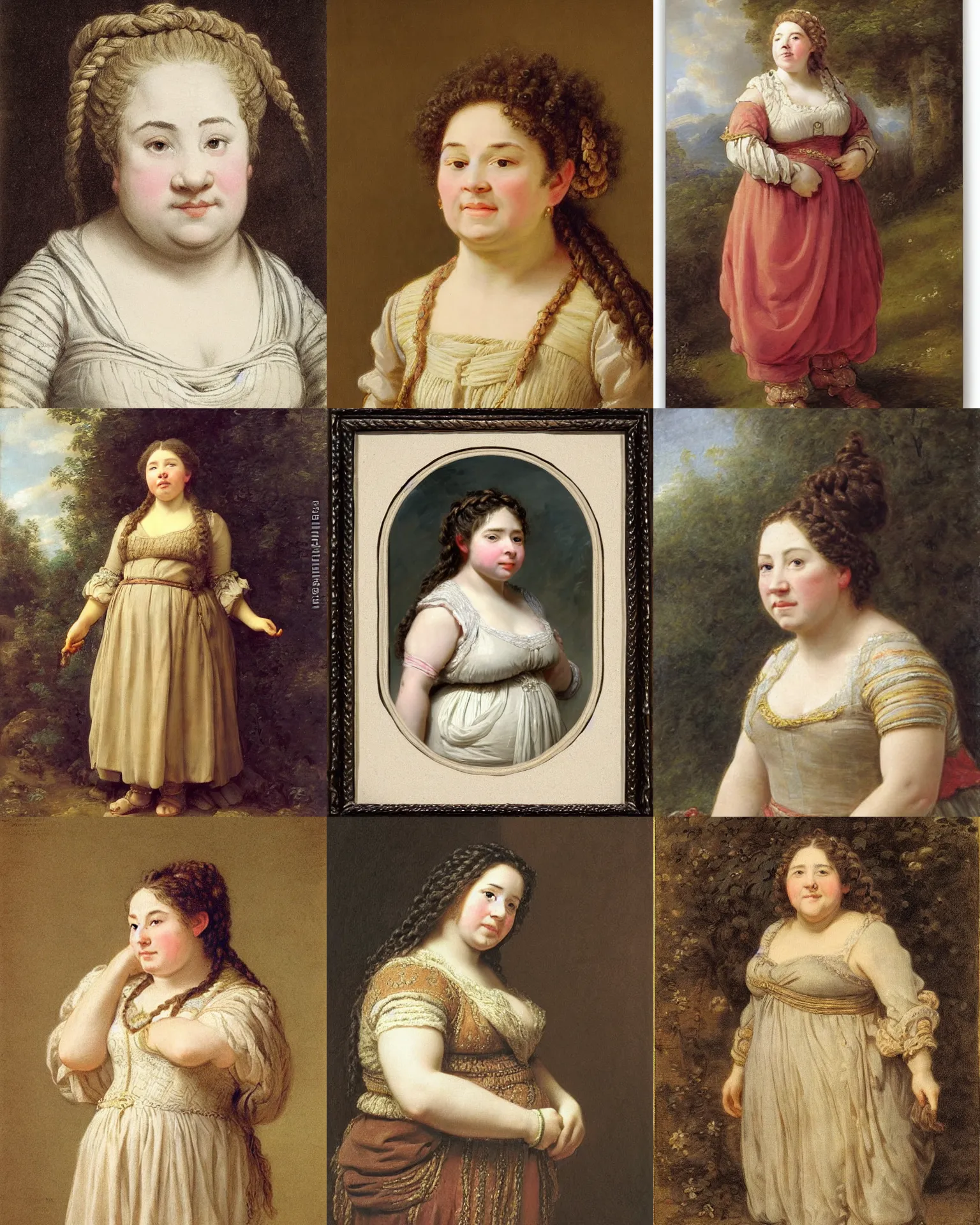 Prompt: female dwarven noblewoman, chubby short stature, braided intricate hair, by elisabeth vigee le brun