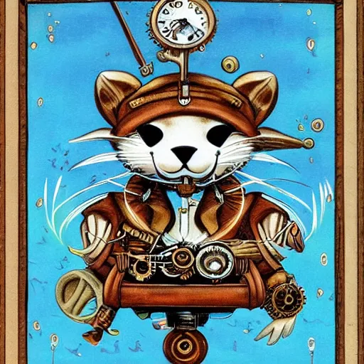 Image similar to steampunk otter inventor, fantasy illustration, Louis William Wain