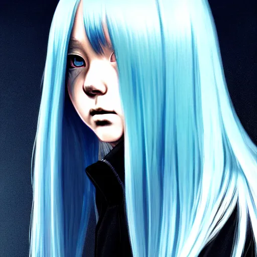 Image similar to full face shot of rimuru tempest, sky blue straight hair, long bangs, with amber eyes, wearing a black jacket, high collar, ultra detailed, concept art, award winning photography, digital painting, cinematic, wlop artstation, closeup, pixiv, evil, yoshitaka amano, andy warhol, ilya kuvshinov,