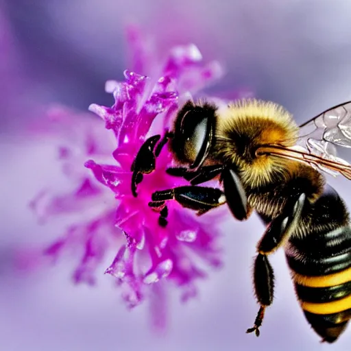 Image similar to a bee finding a beautiful flower, entrapped in ice, only snow in the background, beautiful macro photography, ambient light