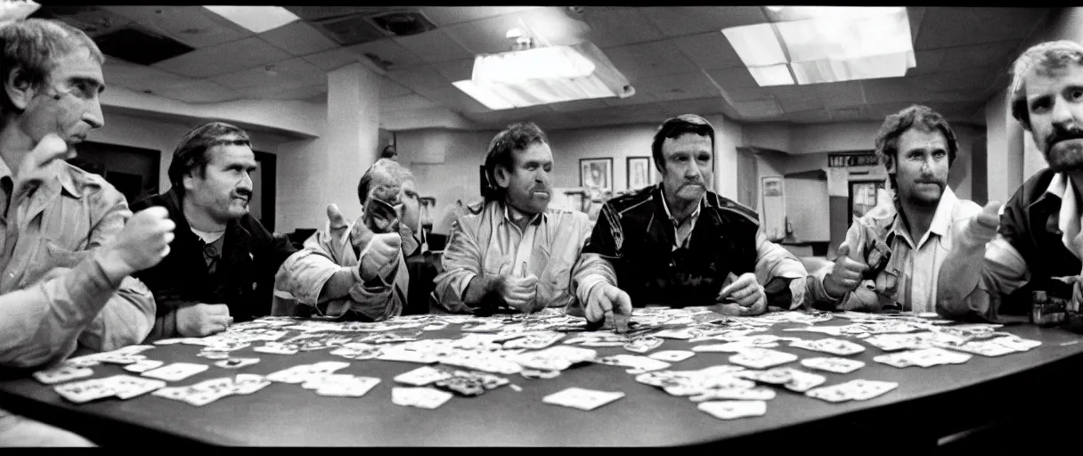 Image similar to a high quality extreme wide establishing shot hd 4 k film 3 5 mm color photograph of a group of grizzled caucasian male civilian military contractors sitting at a square table playing cards in a dimly lit breakroom smoking ciggarettes, one of them gives a sarcastic thumbs up towards the camera in 1 9 8 2
