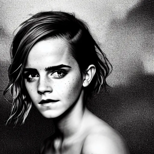 Prompt: Emma Watson, grungy, unkept hair, glowing eyes, modelsociety, wet from rain, radiant skin, huge anime eyes, bright on black, dramatic, studio lighting, perfect face, intricate, Sony a7R IV, symmetric balance, polarizing filter, Photolab, Lightroom, 4K, Dolby Vision, Photography Award