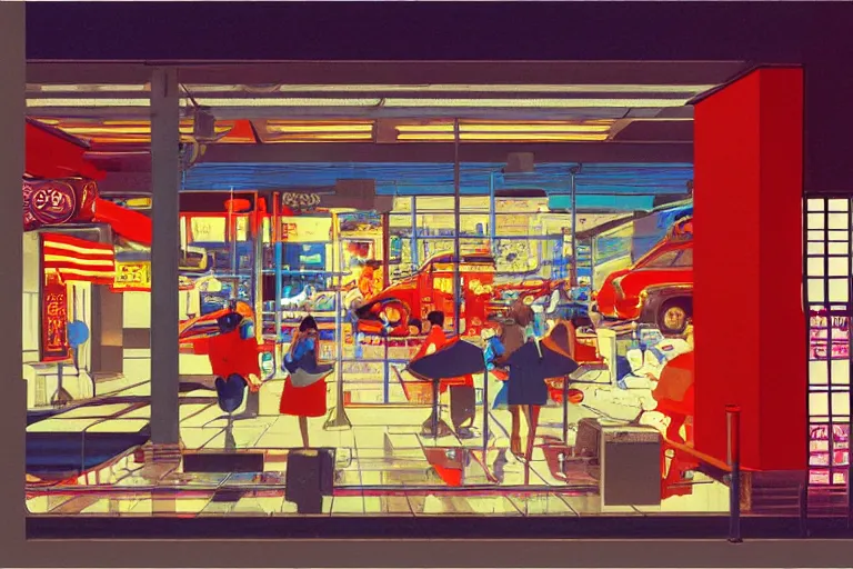 Image similar to a fast food window downtown in neo - tokyo. concept art by syd mead