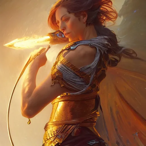 Image similar to portrait of a female warrior surrounded by energy, magic and lightning, epic, fantasy, D&D, intricate, upper body, highly detailed, digital painting, artstation, concept art, sharp focus, cinematic lighting, illustration, art by artgerm and greg rutkowski, alphonse mucha, cgsociety