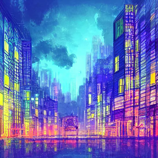 Image similar to a nighttime cityscape with a sky of of geometric kaleidoscopic colors trending on artstation 4 k intricate digital art