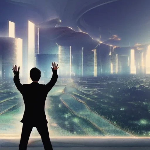 Prompt: highly detailed beautiful futuristic world, man waving goodbye to crowd full of people, ((cryptocurrency in background))