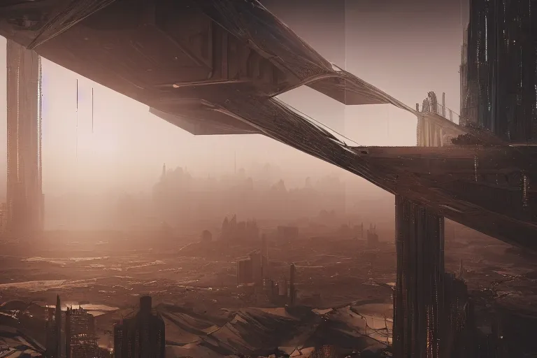 Prompt: majestic cyberpunk structure, space elevator, architecture of purification, virtual installation, ancient atmosphere, trending on artstation, behance, octane render, award winning, archviz, matte painting, sunrays, ethereal, desert, masterpiece, epic