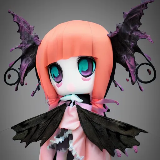 Prompt: cute fumo plush of a magical girl from the depths of hell, gothic maiden of the dark, tattered wings, decay, halloween, cursed, vray