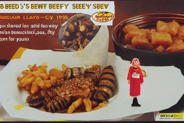 Image similar to mcdonald's fried bees with dry leaf stew, in 1 9 9 5, y 2 k cybercore, advertisement photo