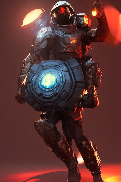Image similar to action shot of a sci fi space warrior holding a shield , octane render, highly detailed, 8k, rim lighting, digital painting, artstation , concept art, sharp focus, illustration