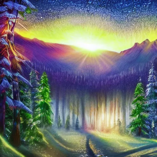 Prompt: sunrise nordic forest, sparkling spirits, detailed wide shot, crayon, ground detailed, wet eyes reflecting into eyes reflecting into infinity, beautiful lighting