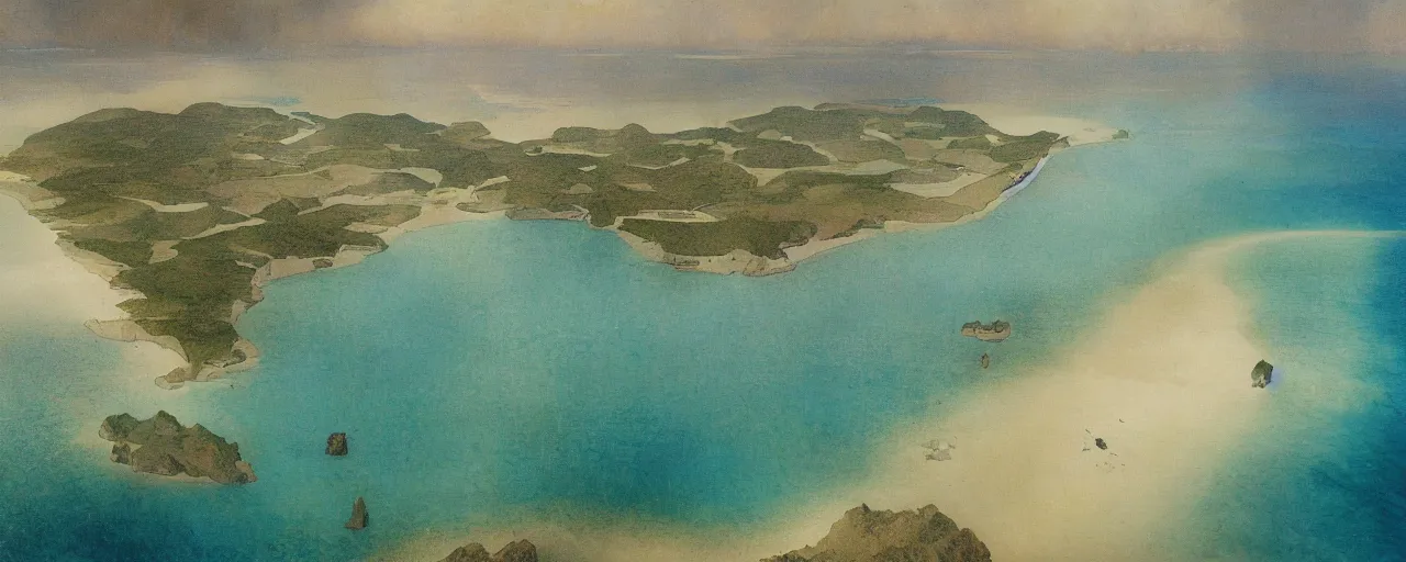 Prompt: a beautiful landscape painting of a tropical island in the middle of the ocean, by alfons maria mucha, trending on artstation, super ultra detail, aerial photography