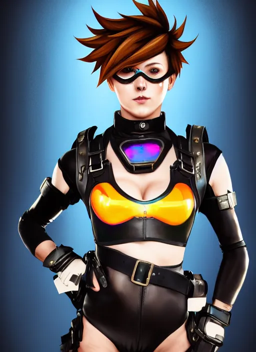 Image similar to oil painting digital artwork of tracer overwatch, confident pose, wearing black iridescent rainbow latex, 4 k, expressive happy smug expression, makeup, in style of mark arian, wearing leather collar, wearing sleek full body armor, black leather harness, expressive detailed face and eyes,