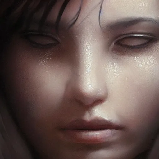 Image similar to Stunning portrait of Beautiful Hispanic tiny nose womans face with her hands covering her eyes. Soft render, Greg Rutkowski details, Tears pouring down from her eyes, music album cover, artstation, pixivi