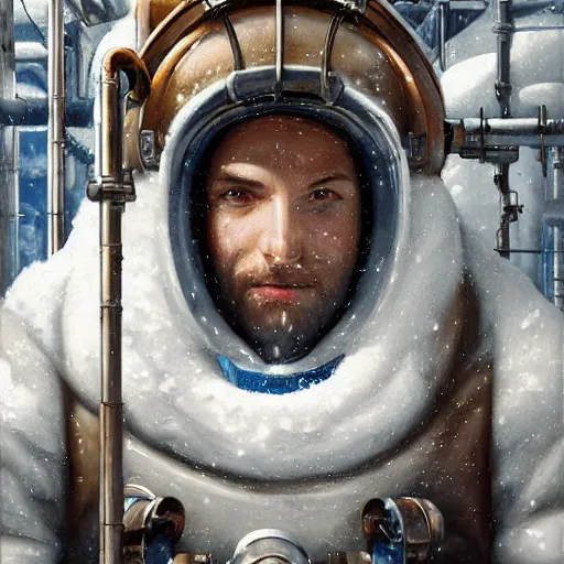 Prompt: beautiful snow - covered plumber posing in factory, half - length portrait, perfect symmetrical eyes, cinematic by peter mohrbacher, detailed, hyperrealism