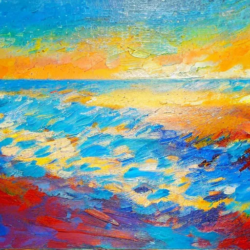 Image similar to a beach in western australia, modern, impressionist, highly textured landscape, palette knife, layered, sculptured, dynamic, acrylic paint on canvas